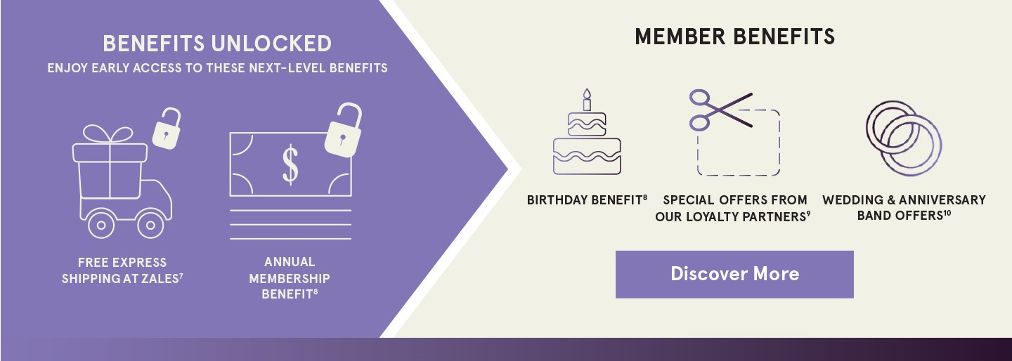 Benefits Unlocked. Enjoy Early Access to these next-level benefits. Free Express shipping at Zales. Annual Membership benefit. Member Benefits. Birthday Benefit. Special Offer from Our Loyalty Partners. Wedding & Anniversary Band Offers.