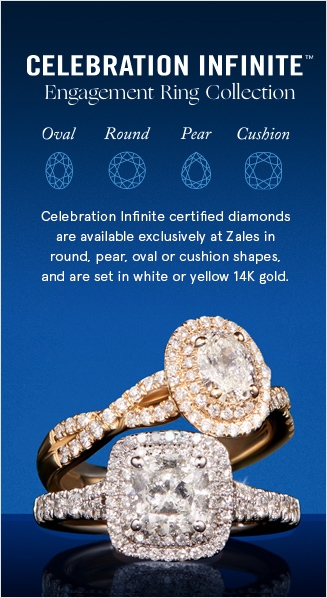 Celebration Infinite™ Engagement Ring Collection: Celebration Infinite certified diamonds are available exclusively at Zales in round, pear, oval or cushion shapes, and are set in white or yellow 14k gold.