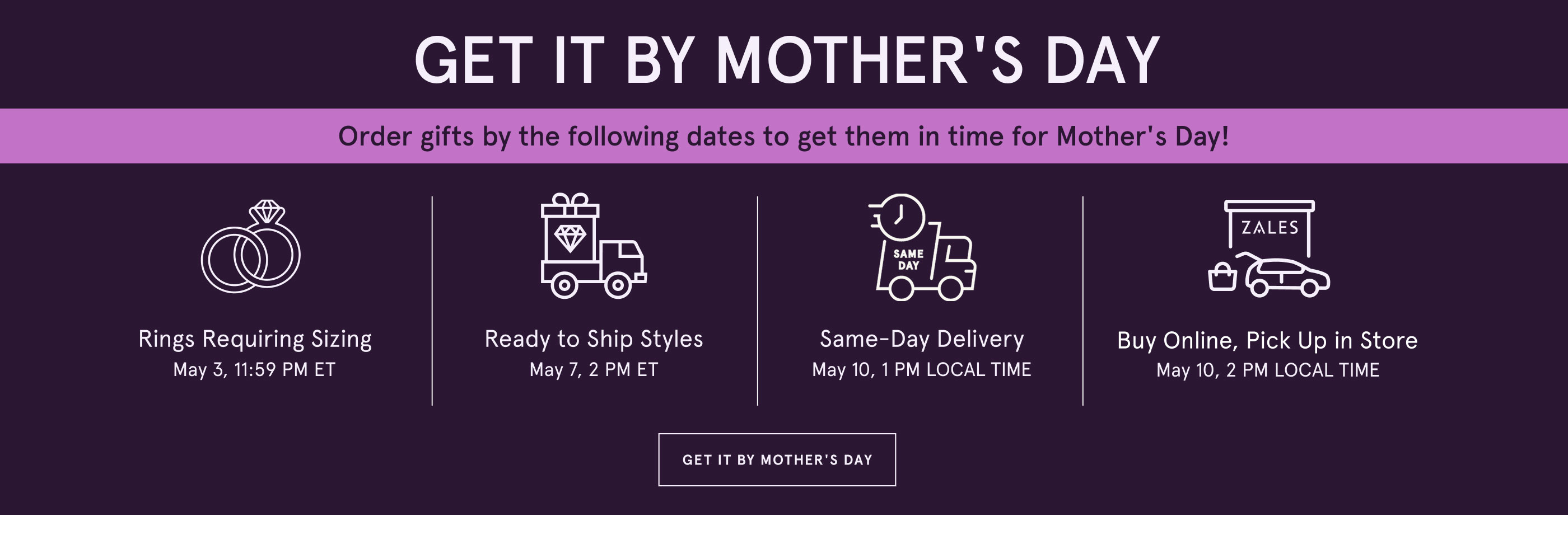 GET IT BY MOTHER'S DAY. Order gifts by the following dates to get them in time for Mother's Day! Ready to Ship Styles May 7, 2 PM ET.